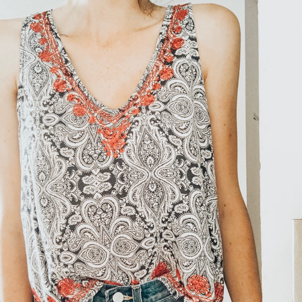 Blue and red patterned tank top.